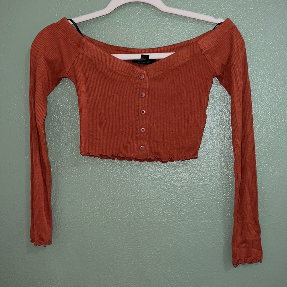 orange copper long sleeve off the shoulder top